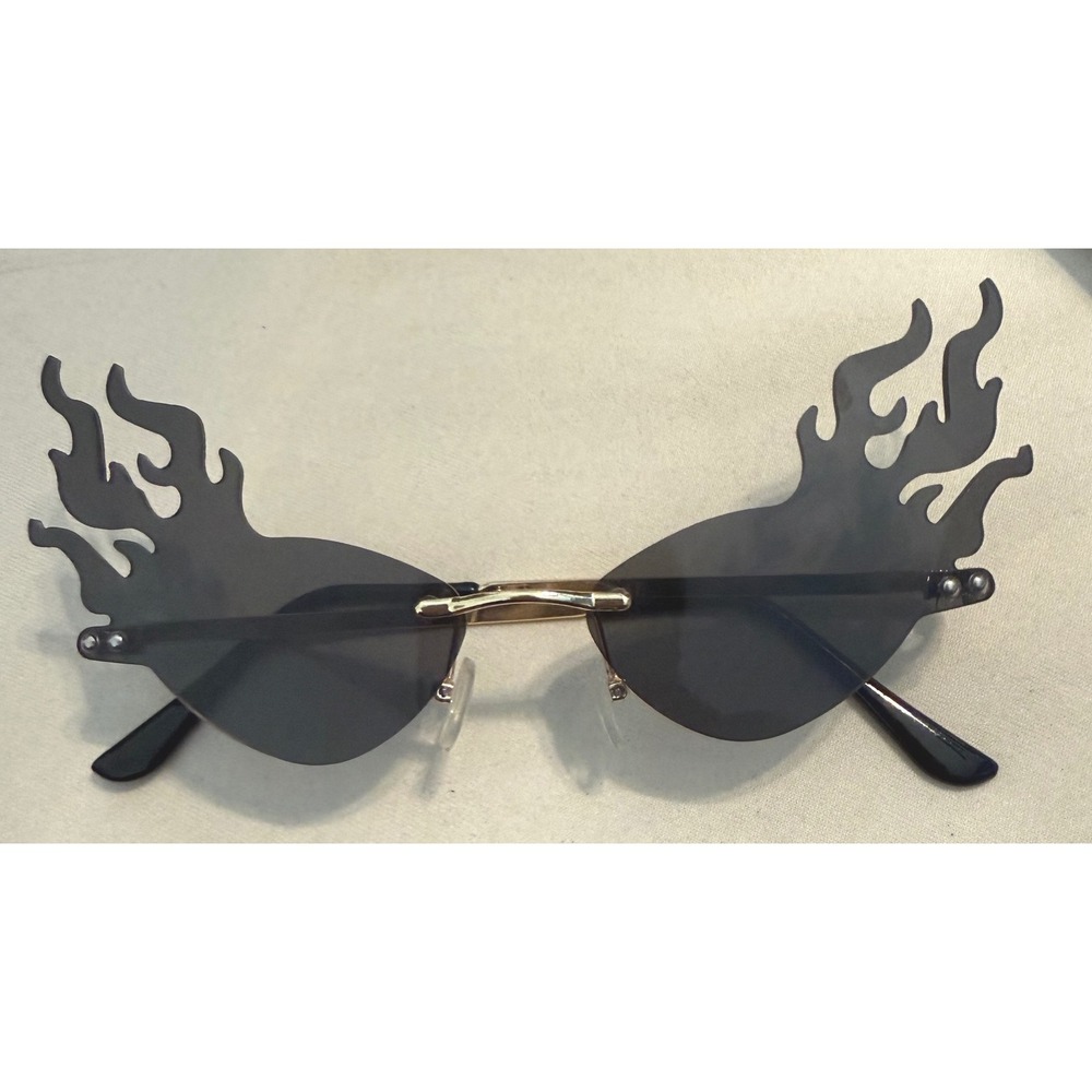 Black Flame Sunglasses Rimless Fire Shape Gold Tone Metal Y2K Festival Shades